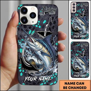 Maxcorners Marlin Fishing Hexagon Tech Pattern Hook Icon Water Splash Personalized Name Phone Case