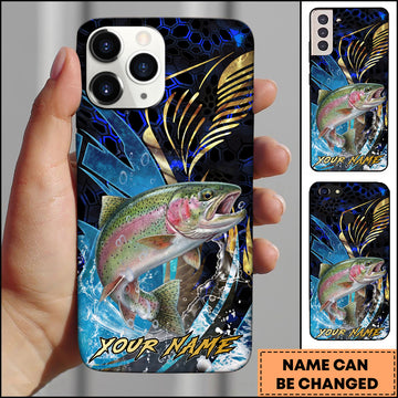Maxcorners Trout Fishing Blue Honeycomb Splash Art Personalized Name Phone Case