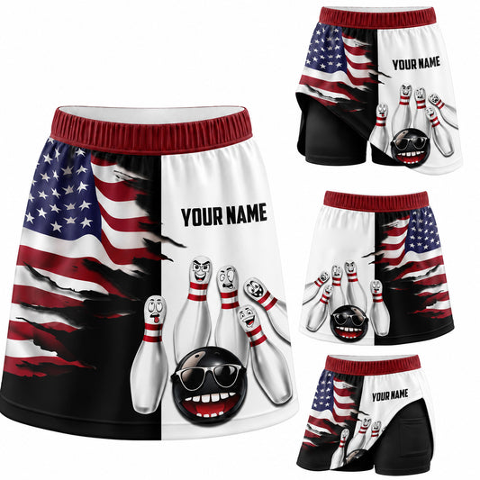 Maxcorners Bowling American Flag Pins And Ball Personalized 3D Skort, Skirts With Shorts