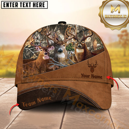 Maxcorners Deer Hunting Triple Deer Camo Forest & Brown Leather Layered Pattern Personalized Name 3D Cap (6 Colors)