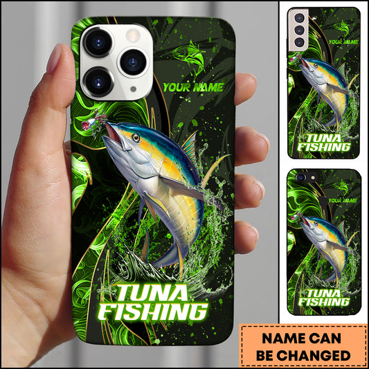 Maxcorners Tuna Fishing Green Flame Splash Golden Line Personalized Name 3D Phone Case
