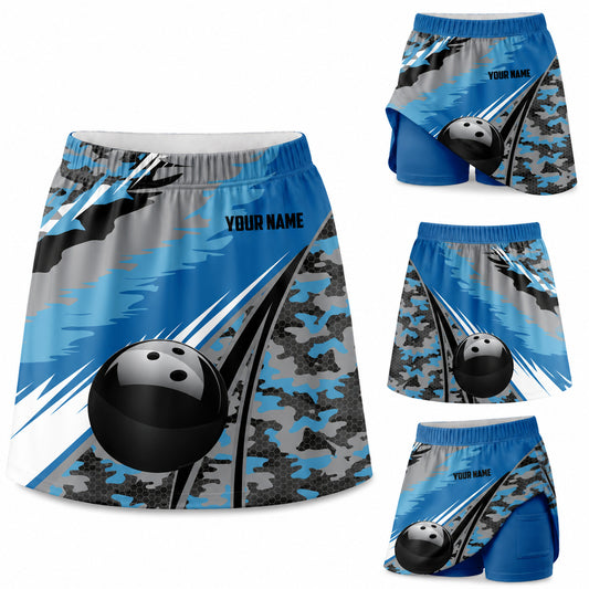 Maxcorners Bowling Blue Camo Speed Personalized 3D Skort, Skirts With Shorts