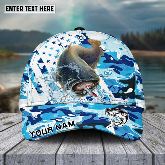 Maxcorners Fishing Blue White Seawwave American Flag Pattern Sport Pattern Personalized Name 3D Cap (11 Breeds)