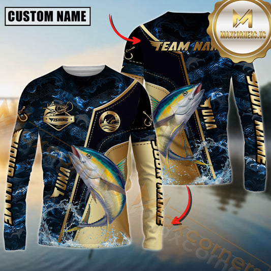 Maxcorners Tuna Fishing Ocean Wave Gold Luxury Pattern Personalized Name, Team Name Long Sleeve Shirt