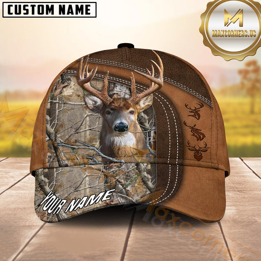 Maxcorners Deer Hunting Brown Leather Framed Woodland Camo Custom Name 3D Cap (6 Colors)