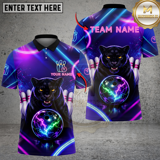 Maxcorners Bowling Shirt Neon Panther Strike Electric Glow Ball Design Multicolor Options Personalized Name, Team Name 3D Shirt (4 Colors)
