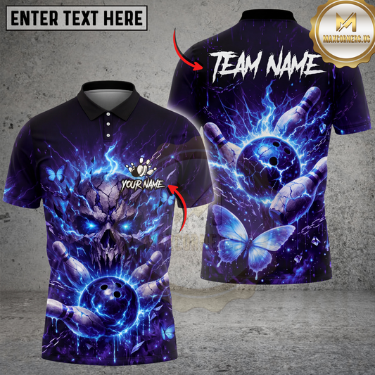 Maxcorners Bowling Shirt Electric Skull Lightning Ball Fantasy Glow Multicolor Options Personalized Name, Team Name 3D Shirt (4 Colors)