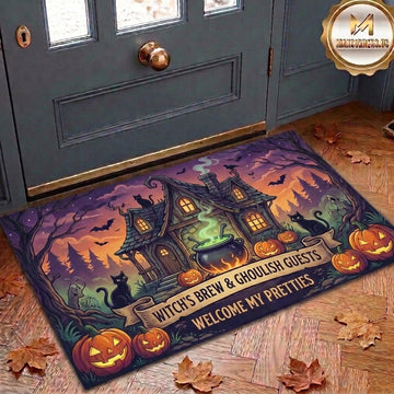 Maxcorners Halloween Witchs Brew And Ghoulish Guests Welcome My Pretties Witch House Black Cat Cauldron Pumpkins 3D Doormat