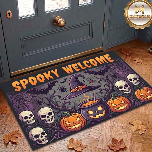 Maxcorners Halloween Spooky Welcome Skulls Pumpkins Witch Hat Cauldron Spiders Bats Spiderweb 3D Doormat