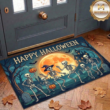 Maxcorners Halloween Happy Halloween Dancing Skeletons Pumpkins Full Moon Graveyard Party 3D Doormat
