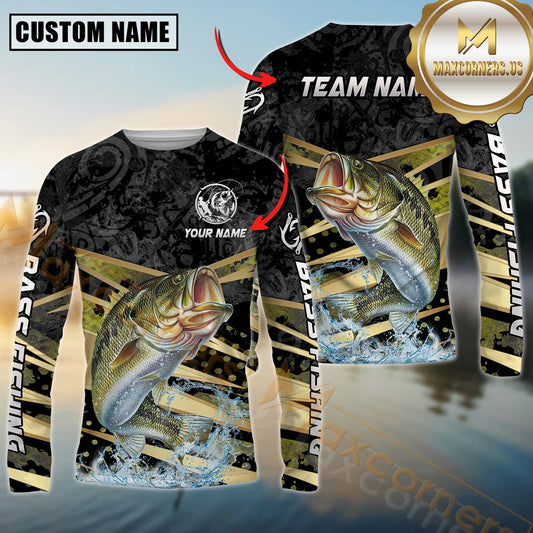 Maxcorners Fishing Black Gold Splash Dynamic Pattern Personalized Name, Team Name Long Sleeve Shirt (9 Breeds)