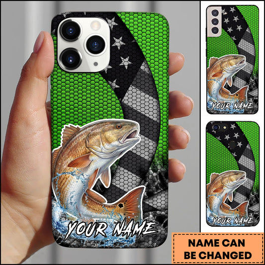 Maxcorners Redfish Fishing Neon Green Honeycomb Wave Splash Personalized Name Phone Case