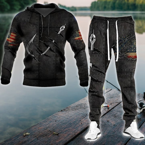 FISHING HOOK CRACK US FLAG D PRINT COMBO HOODIE AND SWEATPANTS