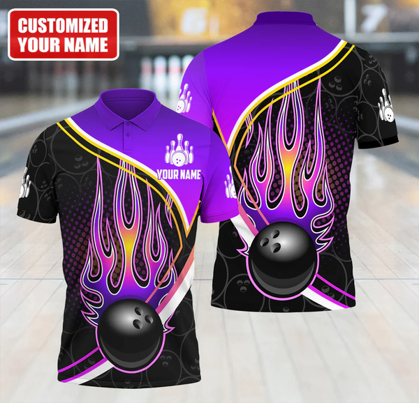 Maxcorners Purple Bowling Ball Flame Pattern Customized Name 3D Shirt