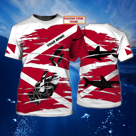 Maxcorners Scuba Diving White And Red Customized Name All Over Printed Shirt