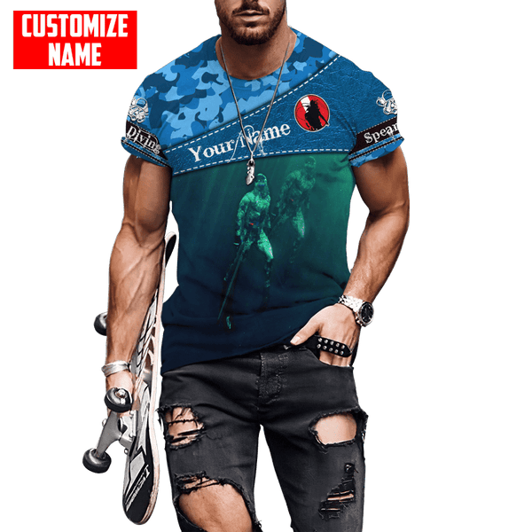 Maxcorners Scuba Diving Blue Camo Pattern Customized Name All Over Printed Shirt