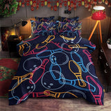 Maxcorners Dark Blue Bowling Ball And Pins Pattern 3D Bedding Set