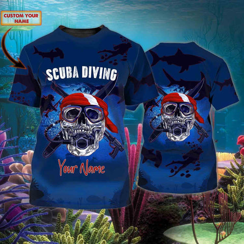 Maxcorners Scuba Diving Dark Blue Skull Customized Name All Over Printed Shirt