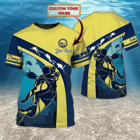 Maxcorners Scuba Diving Yellow And Blue Customized Name All Over Printed Shirt