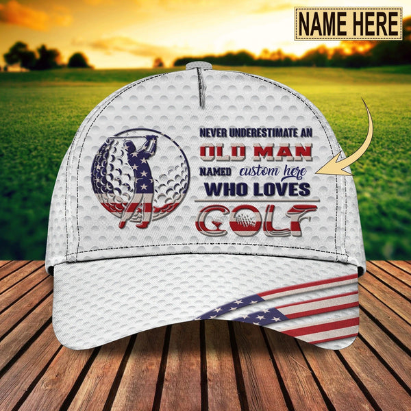 Maxcorners Golf Lover White USA Flag CLassic Customized Name All Over Printed Cap