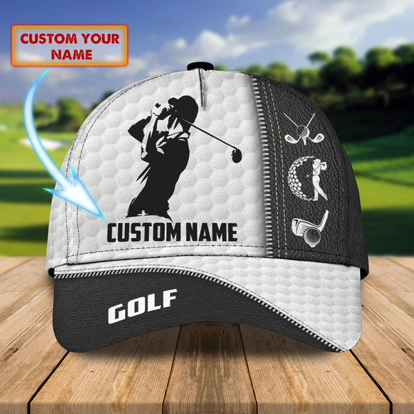 Maxcorners Golf Black And White Leather Classic Customized Name All Over Printed Cap