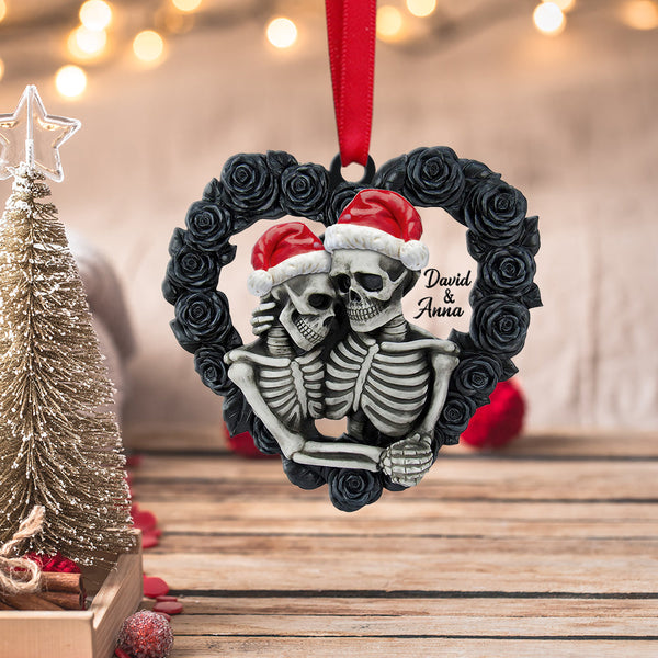 Maxcorners Personalized Black Rose Heart Shape Skeleton Couple Christmas - Ornament