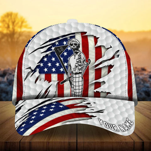 Maxcorners Golf Skull USA Flag Customized Name All Over Printed Cap