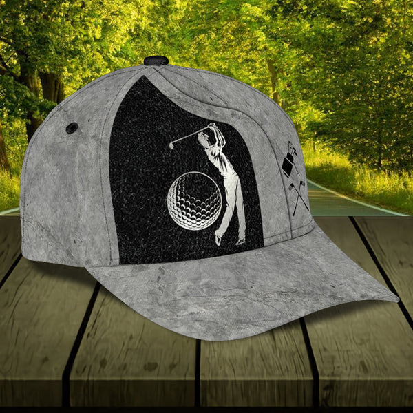 Maxcorners Golf Grey And Black Leather Classic Customized Name All Over Printed Cap