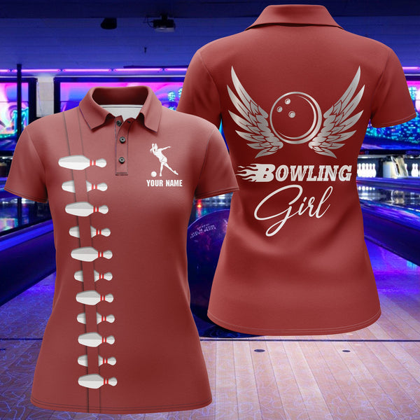 Maxcorners Red Bowling Girl Beautiful Wings Premium Customized Name 3D Shirt For Women