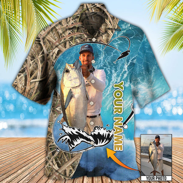 Maxcorners Fishing Blue Water Cool Custom Photo Personalized Hawaiian Shirt