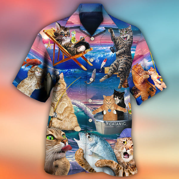 Maxcorners Fishing Cat Cute Beach Art Style Hawaiian Shirt