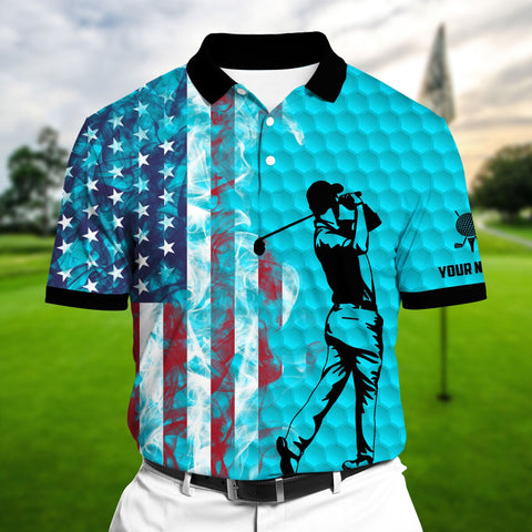 Max Corners Light Blue Pride Premium Smoke US Flag Cool Golf Polo Shirts Multicolor Custom Name Polo
