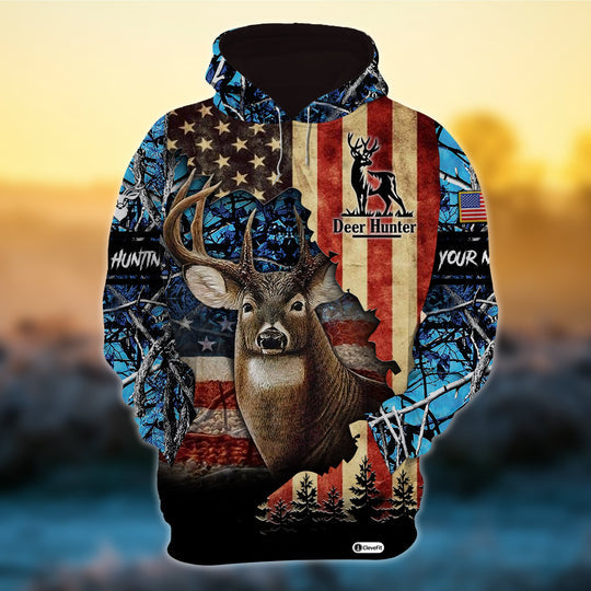 Maxcorners Personalized  American Flag Deer Hunting Hoodies 3D