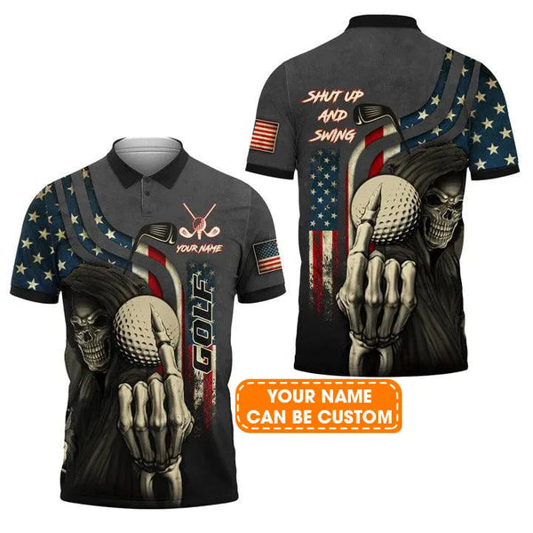 Max Corners American Flag Skull Golf Shut Up And Swing 3D Custom Polo Shirt