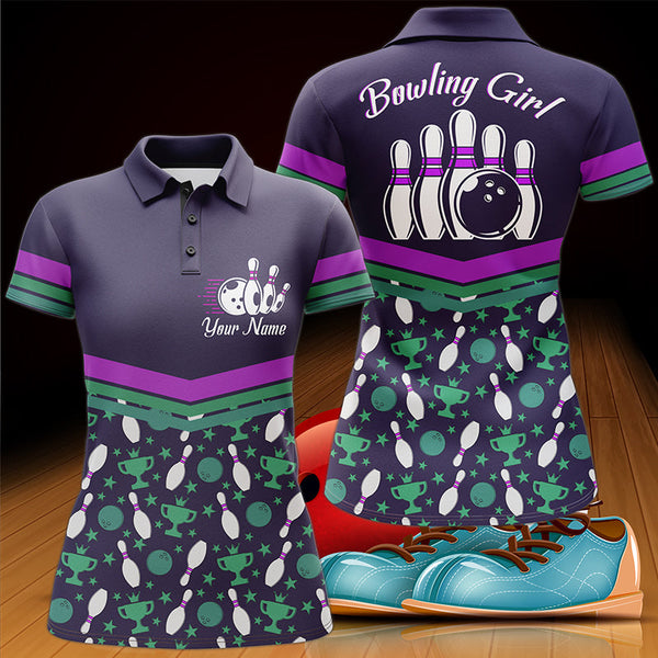 Maxcorners Purple Bowling Ball And Pins Pattern Customized Name All Over Printed Shirt For Women