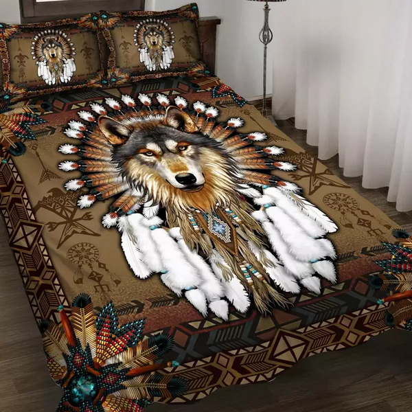 Premium Unique Wolf Native American 3D All Over Printed Quilt Bedding Set