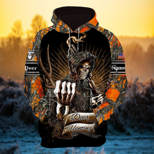 Maxcorners Personalized Cool Deer Hunter Skull Deer Hunting Hoodies 3D