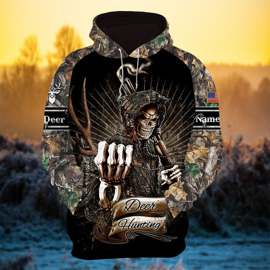 Maxcorners Personalized Cool Deer Hunter Skull Deer Hunting Hoodies 3D