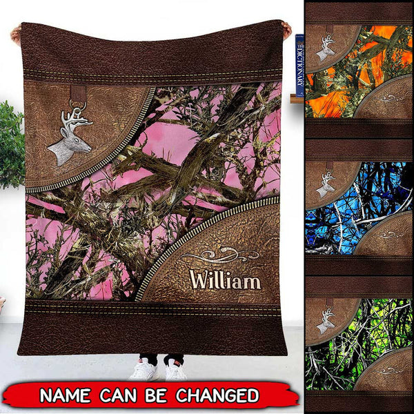 Maxcorners Personalized Deer Hunting Camo Imitation Leather Printing Custom Name - Blanket