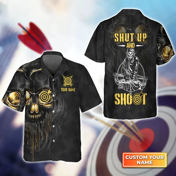 Maxcorners Archery Skull Shut Up and Shoot Personalized Name 3D Hawaiian Shirt