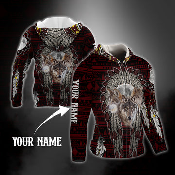 Maxcorners Personalized 3D Zip Hoodie Native American Wolf 3D