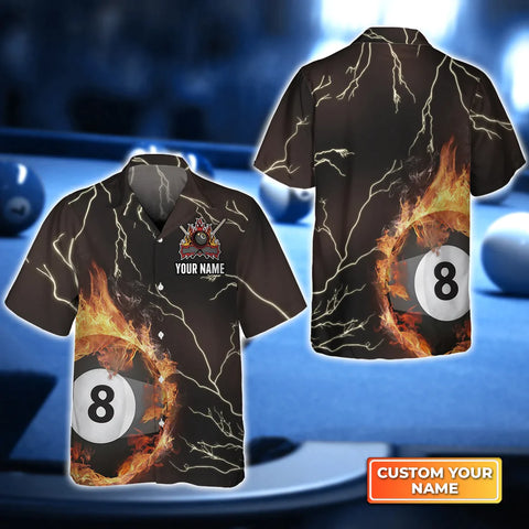 Maxcorners Billiard 8 Ball Thunder Fire Flame Personalized Name Hawaiian Shirt
