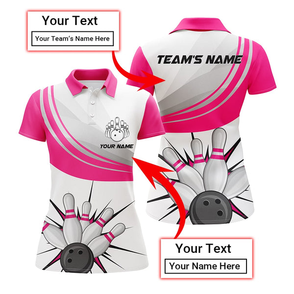 Maxcorners Pink Bowling Ball & Pins Classic Customized Name All Over Printed Shirt For Women