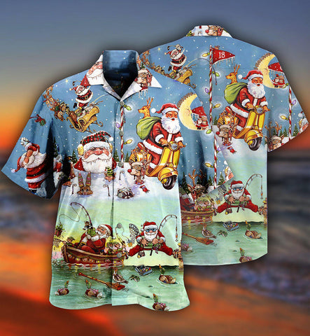 Maxcorners Christmas Cute Santa Claus Go Fishing Hawaiian Shirt