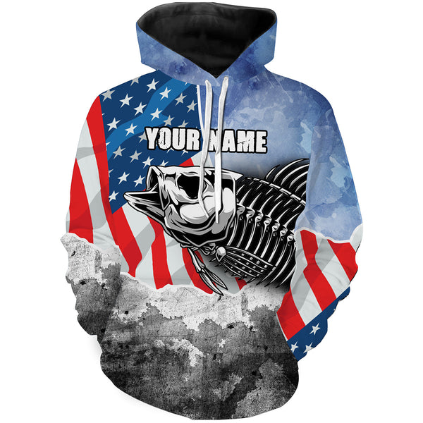 Max Corners Bass Fishing Bass Skeleton American Flag custom name Hoodie