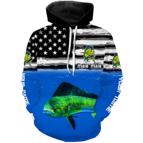 Max Corners Mahi mahi ( Dorado) Fishing American flag Ocean background Customize name 3D Hoodie