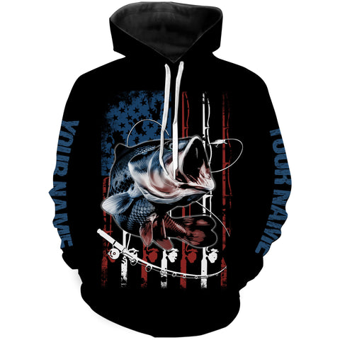 Max Corners Personalized Bass Fishing 3D American Flag Fishing rod Customize name 3D Hoodie