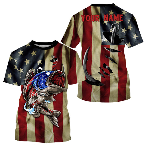 American Bass Fishing Shirt Vintage Us Flag Patriotic Customize Name Unisex Fishing Shirt