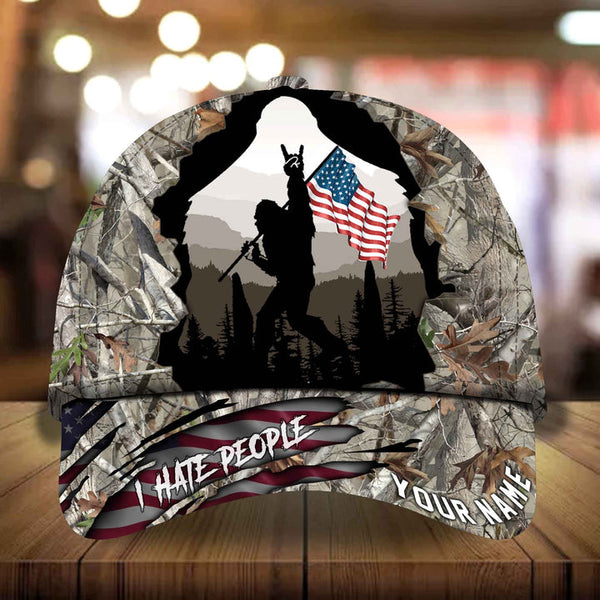 Max Corners I Hate People Bigfoot With US Flag Camping Art Camo pattern 4 Custom 3D Cap