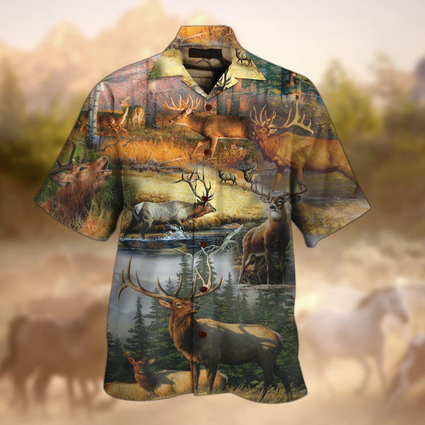 Maxcorners Deers In The Lake Aloha All Printed 3D Hawaiian Shirt